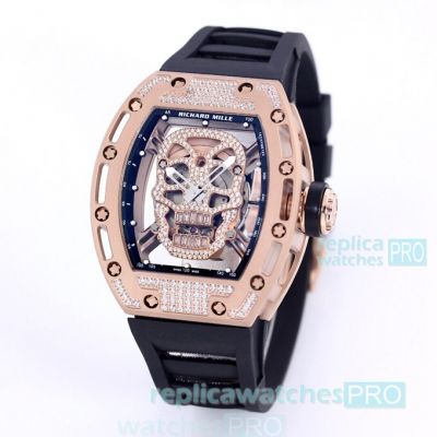 Replica Richard Mille RM 52-01 Rose Gold Pirate Diamond Skull Dial Black Rubber Watch